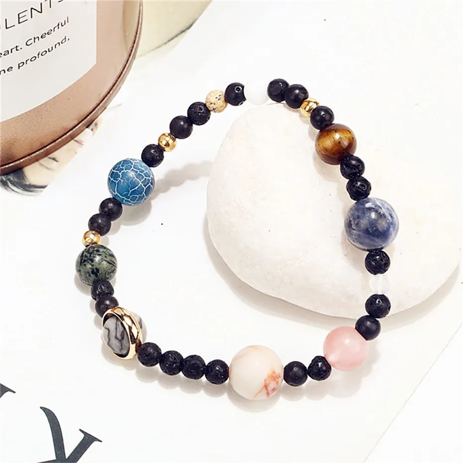 Trendy Natural Stones Universe Galaxy Solar System The Eight Planets Bracelets Women Beaded Stretch Elastic Strand Bracelet (11)