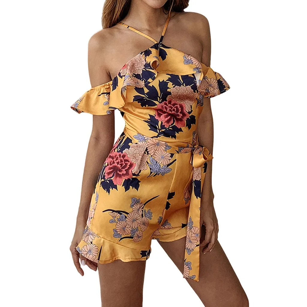 

Women's summer casual jumpsuit fashion sling bohemian printed halter ruffled lace short jumpsuit Mono casual#JE-55