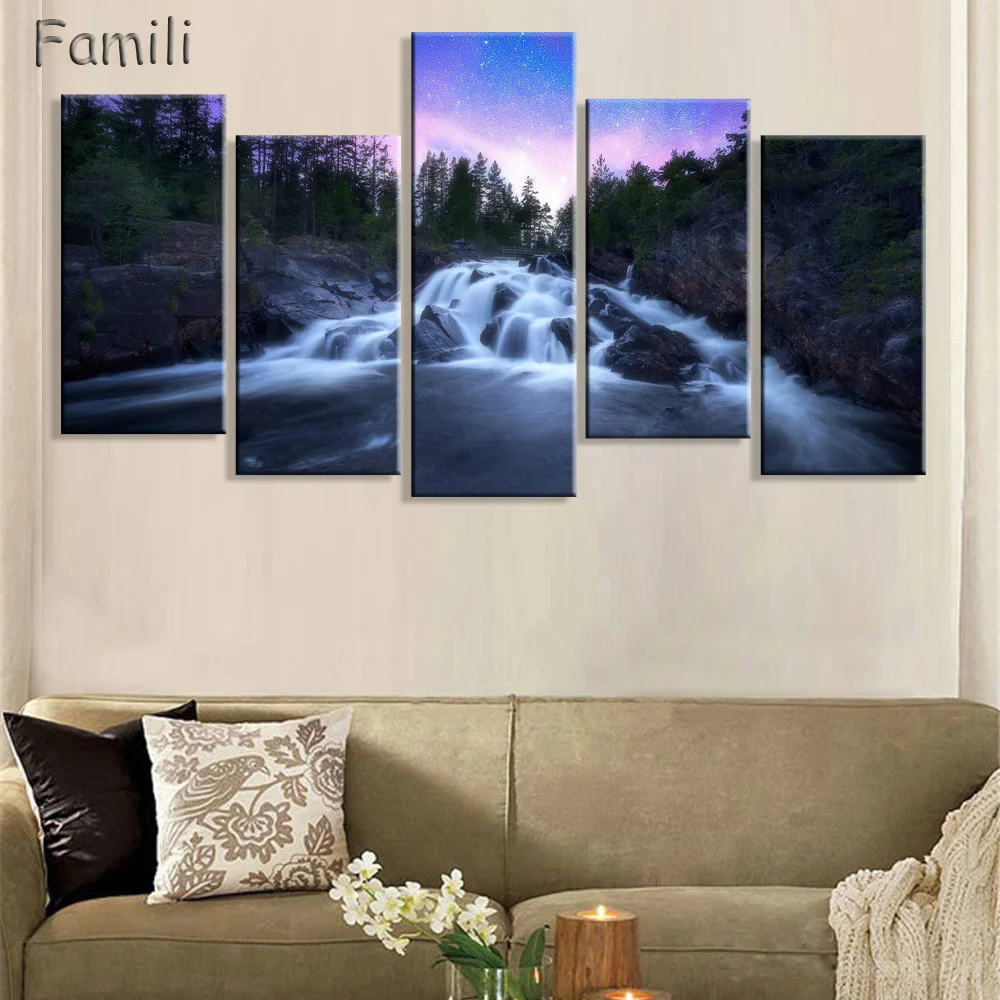 

5Panel Canvas Print Painting Abstract Landscape Cloud Snow Mountain Jungle Norwegian Forest Nordic Style Home Bedroom Art Deco I