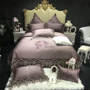 

4/7pcs Purple Gray Luxury European Lace Embroidery Egyptian cotton Palace Wedding Bedding Set Duvet Cover Bed sheet Pillowcases