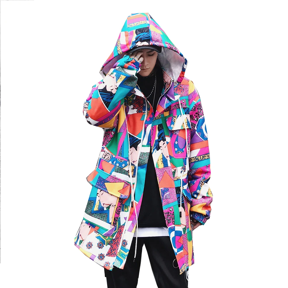 Harajuku японский укийо е красочные лоскутные куртки пальто для мужчин хип хоп съемный свитер с капюшоном уличная парка ветровка