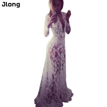 Musim panas Perempuan Lantai-panjang Hitam Putih Renda Gaun Menyesuaikan Pinggang Sexy Lihat Melalui Floral Vestido DR5046
