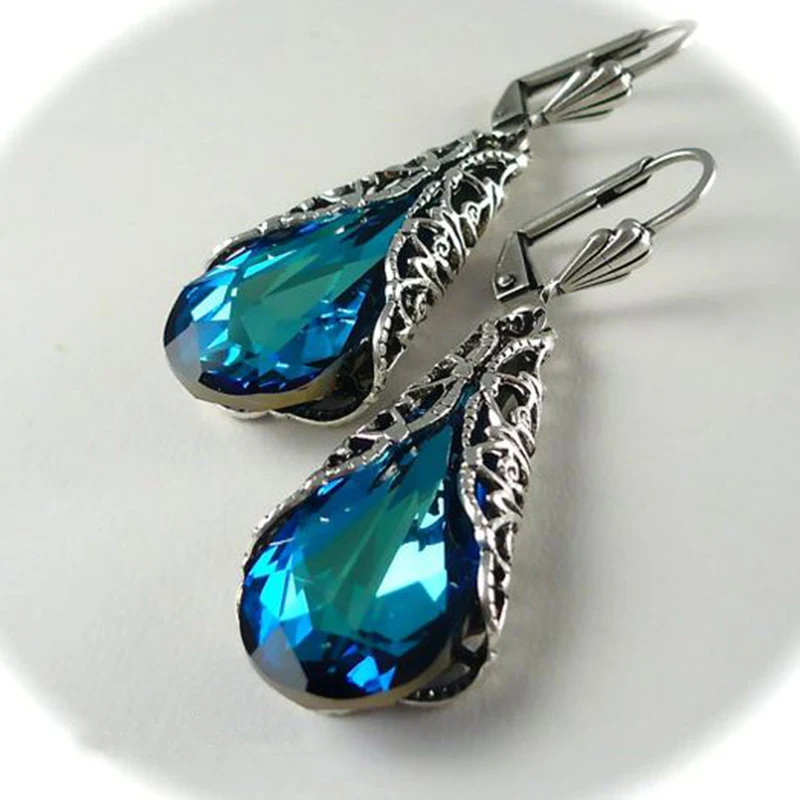 

Bohemian Big Blue Water Drop Earrings For Women Vintage Jewelry Antique Silver Hollow Out Long Dangle Earrings Wholesale H3C157