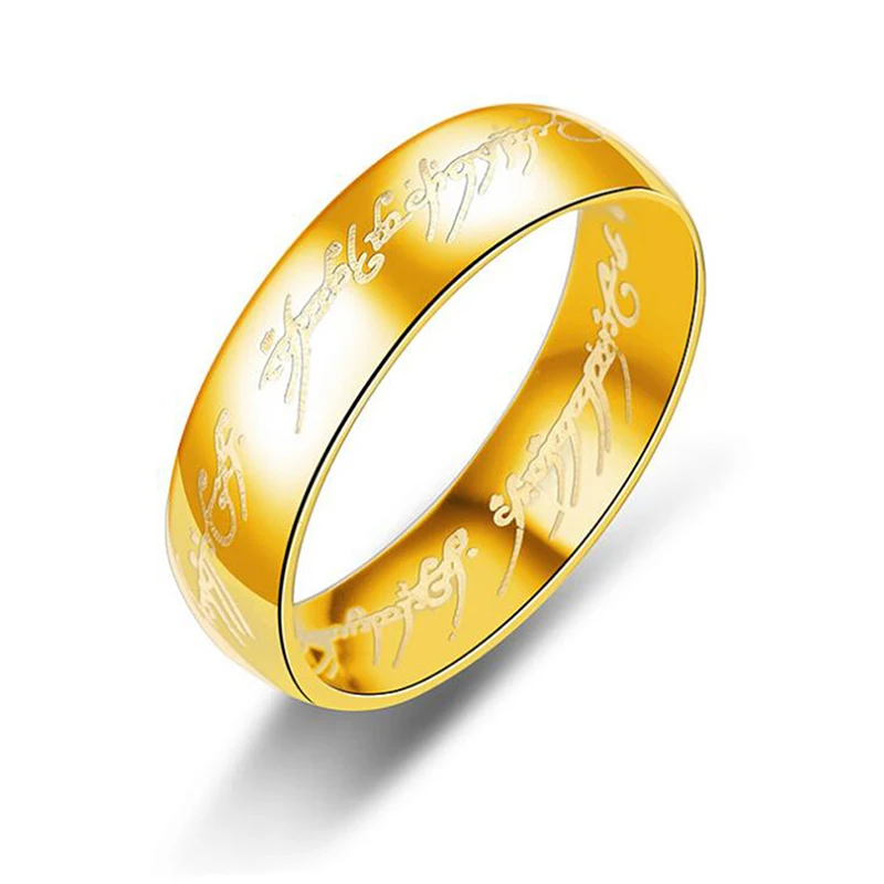 

Classic Gold Color Stainless Steel the Lord The Rings 6MM Hobbit Letter Rings men Lover's Wedding Bands