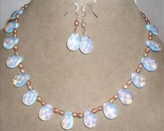 

Pink pearl & opal necklace & earring set ^^18K gold plated watch Quartz stone CZ crystal