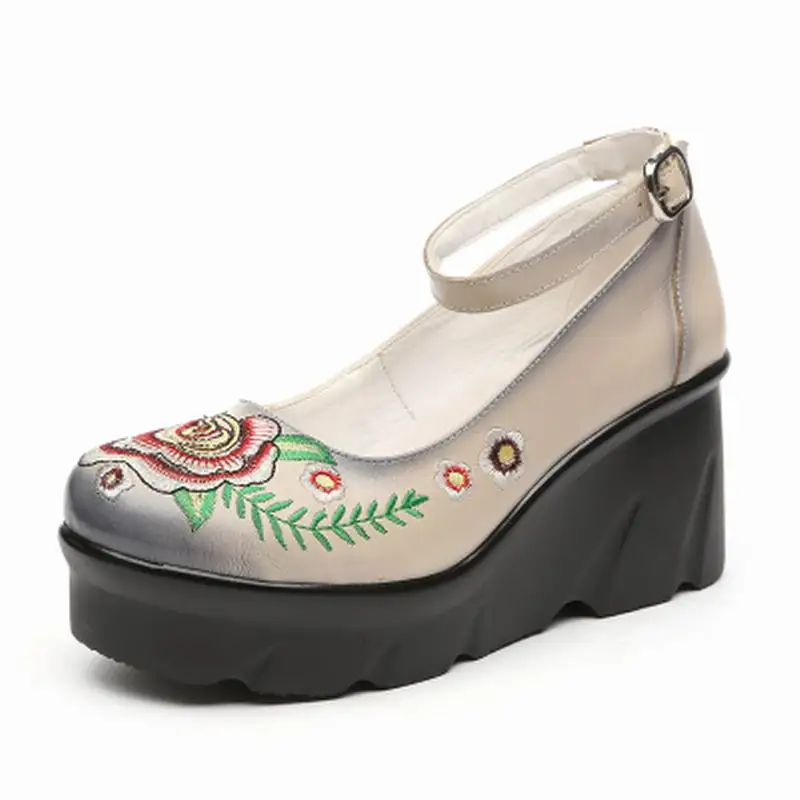 Новые женские туфли из натуральной кожи на платформе с ремешком и пряжкой|fashion wedge