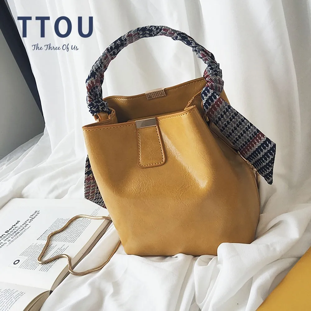 

TTOU Vintage Women Bucket Bags with Scarves Handbag PU Leather Large Capacity Shulder Chain Bags Female Messenger Bags Sac