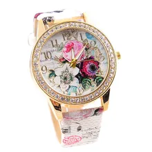 Women Watch Flower Mission Relogio Feminino Women Colored Diamond PU Leather quartz Dress ladies watch drop shipping