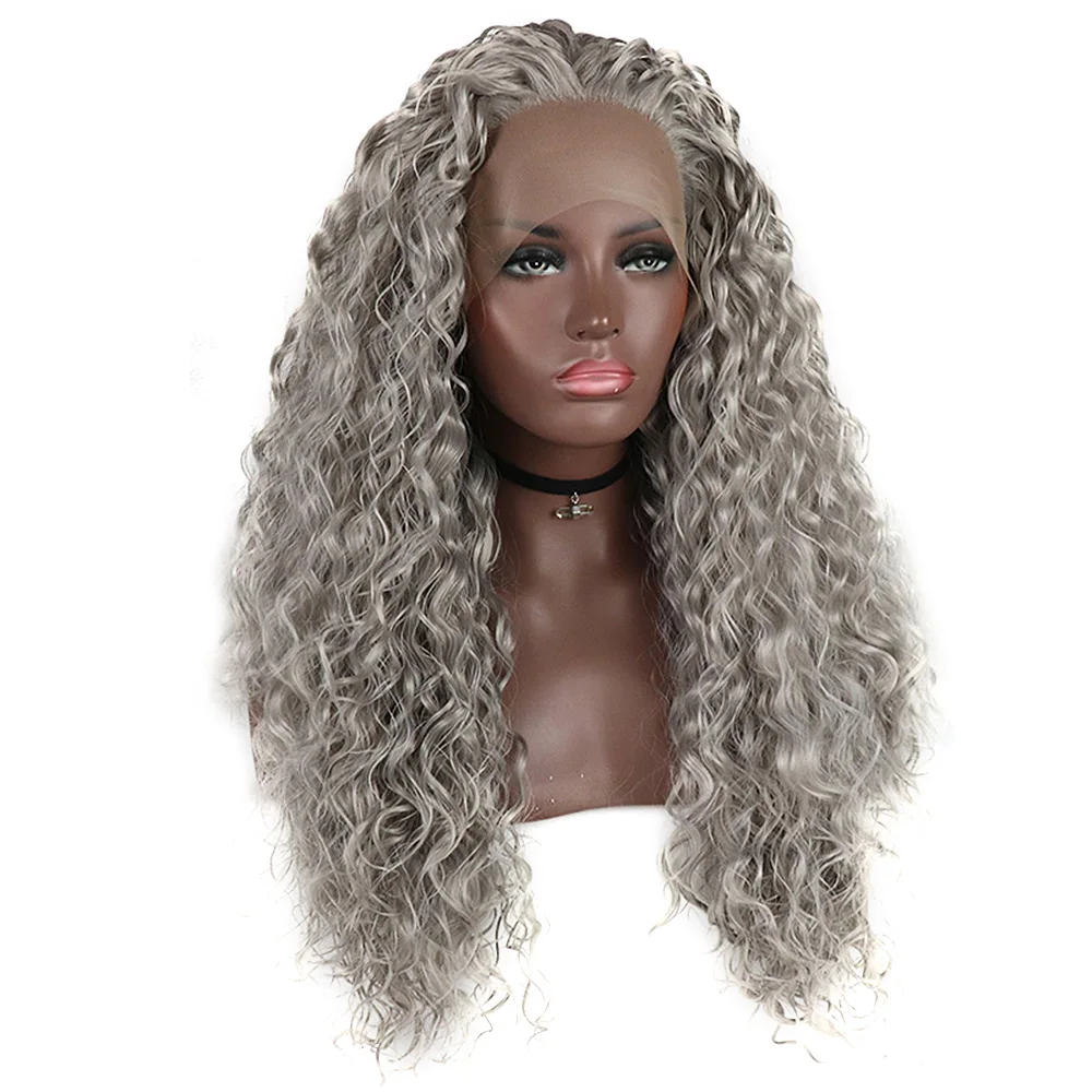 Synthetic Lace Front Wigs For Black Women Silver Grey Hair Heat Resistant Fiber Long Bohemian Curly Frontal Lace Wig