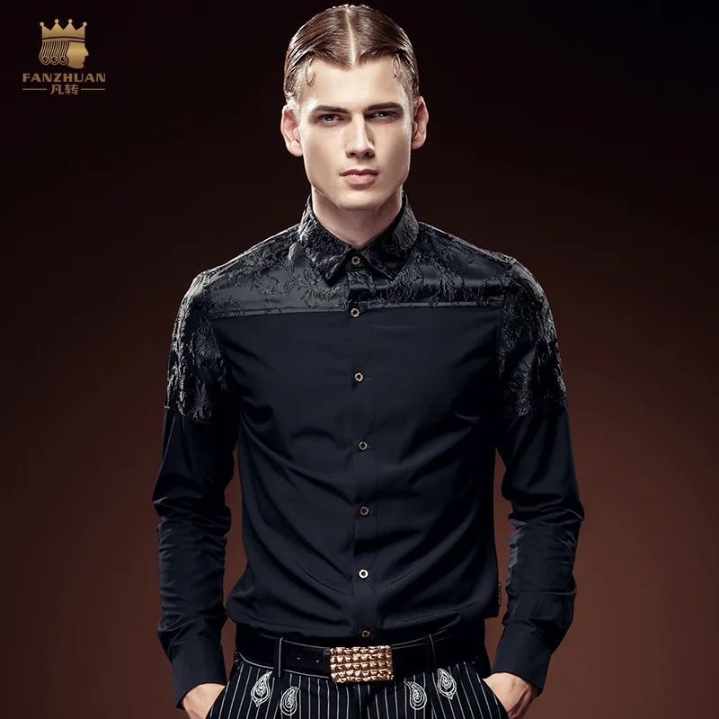 Бесплатная доставка Новые мужские модные мужские повседневные Молодежные вечерние темно-жаккард с длинными рукавами шить тонкий черная
