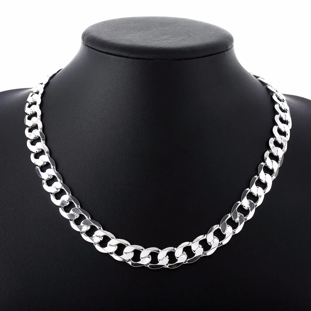 

Men's Jewelry 925 pure silver plated Necklace Curb Chain Necklace 12mm 20" Fashion choker de Prata Jewelry For Male Best Gifts