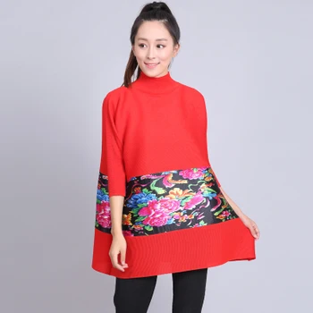 

FREE SHIPPING Miyake fold three quarter T-shirt turtleneck peony print long T-shirt HOT SELLING