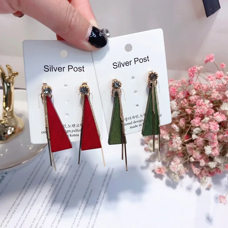 wood triangle tassel earrings 925 silver post Hypoallergenic fadeless alloy fashion jewelry stud earrings for women girl gift