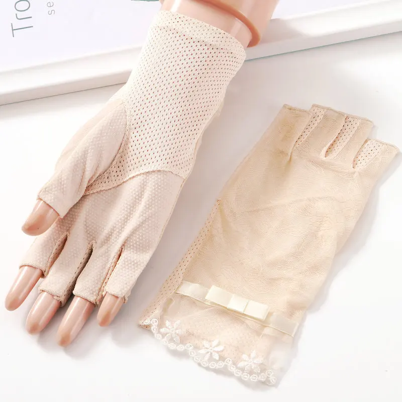 Летние солнцезащитные женские тонкие перчатки с открытыми пальцами, пять пальцев, шелк льда, для вождения, без пальцев, кружева, 3-tbfs05