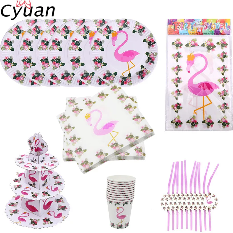 

Cyuan Flamingo Party Decor Flamingo Paper Plate Cup Napkin Tablecloth Kids Birthday Party Disposable Tableware Kits Summer Party