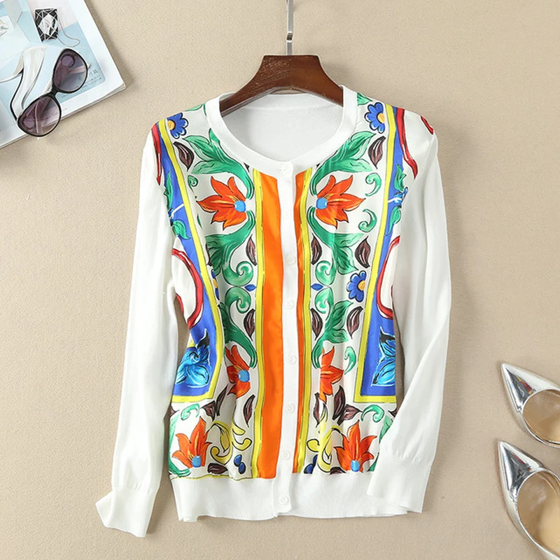 

Red RoosaRosee 2019 Summer Runway Women's Floral Print Silk Knitted Patchwork White Shirt Tops Women's High-end Elegant Blouses