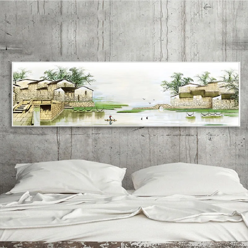

5D DIY Diamond Painting Kit Village Trees Lake Ducks Fisherman Bamboo Raft Bridge Birds Mosaics Rhinestone Cross Stitch Kit