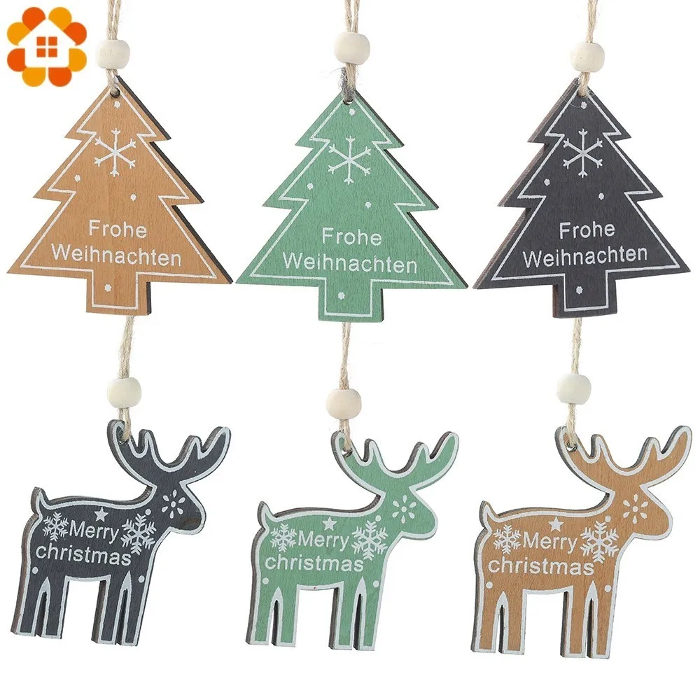 

2PCS Wooden Christmas Tree &Deer Shape 3 Colors Pendants Ornaments Kids Gift DIY Xmas Tree Ornament Christmas Party Decorations