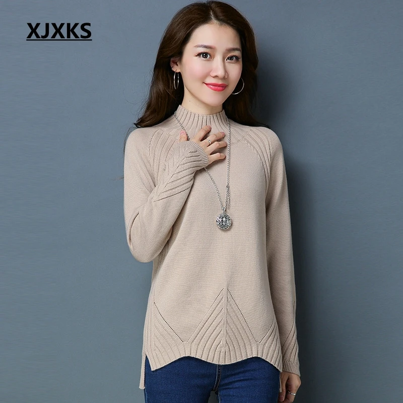 

XJXKS autumn and winter 2019 new selling women pullover sweater split hem solid color ladies 100% wool knitted women sweater