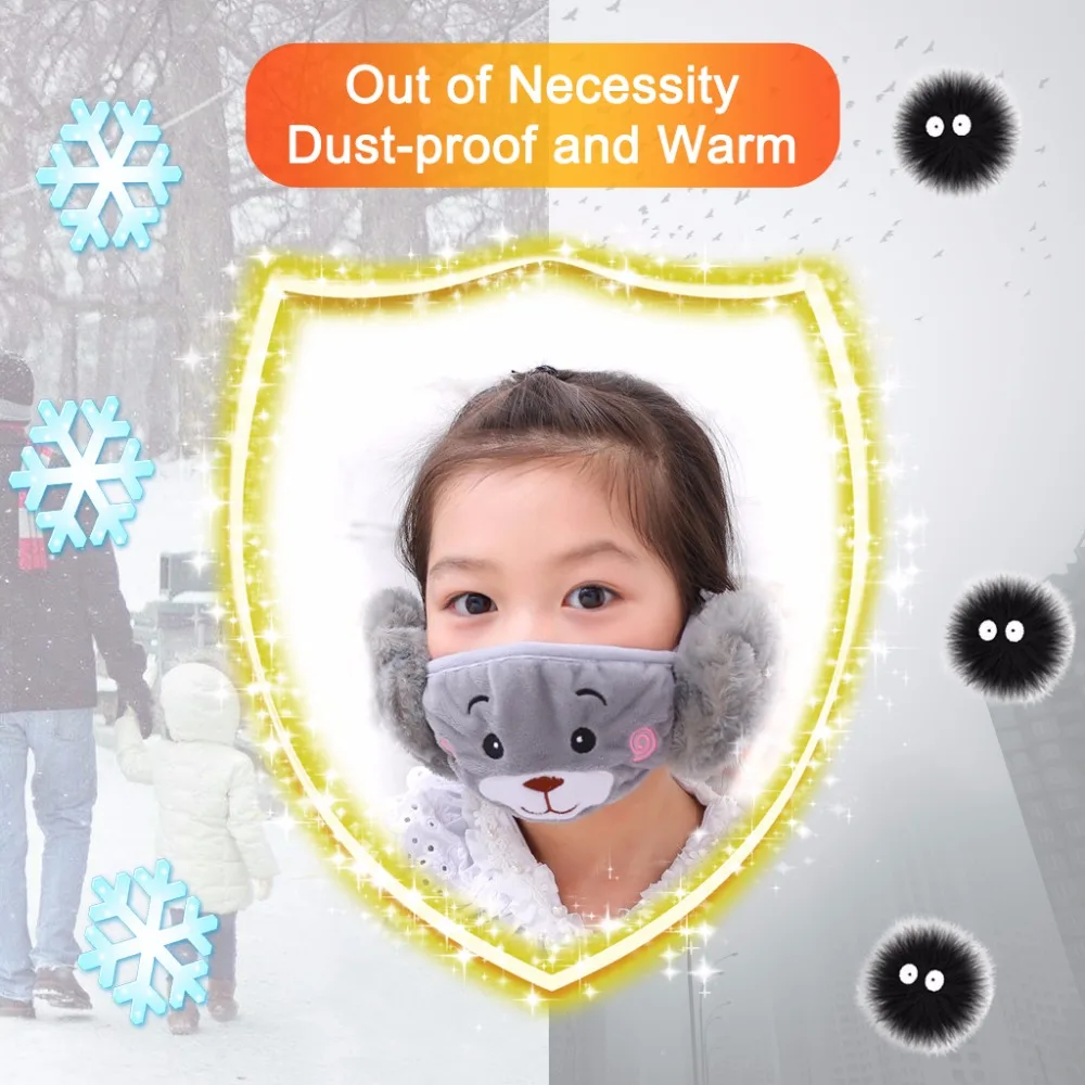 Winter Plush Mouth-Masks For Children Earloop Face-Mouth Mask Warm And Dustproof Gray Cartoon Bear Pattern (5)
