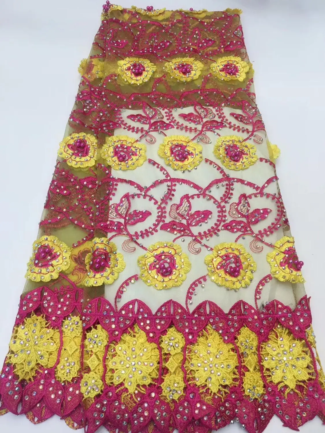 

Afican lace fabric 5yds/pce full stones beads water soluble fabrics women gorgeous luxury party event asoebi dress 2019 new
