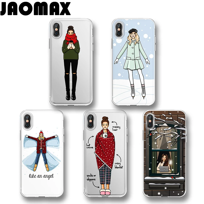 

Jaomax Cute kawaii Coffee Girl White Winter Case Cover For iPhone Xs Max Xr 7 8 6S PLUS 11 pro Silicone Transparent Soft Case