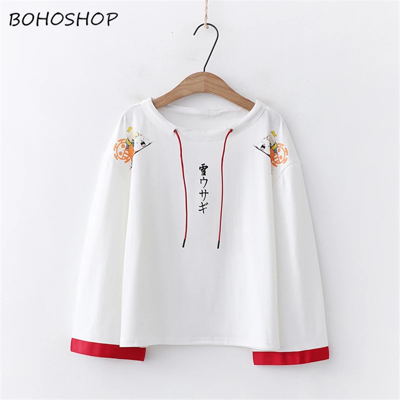 

Harajuku kawaii Women cute lovely snow bunny print lace-up Long Sleeve T-shirts ladies cotton bunny Tops T-shirts