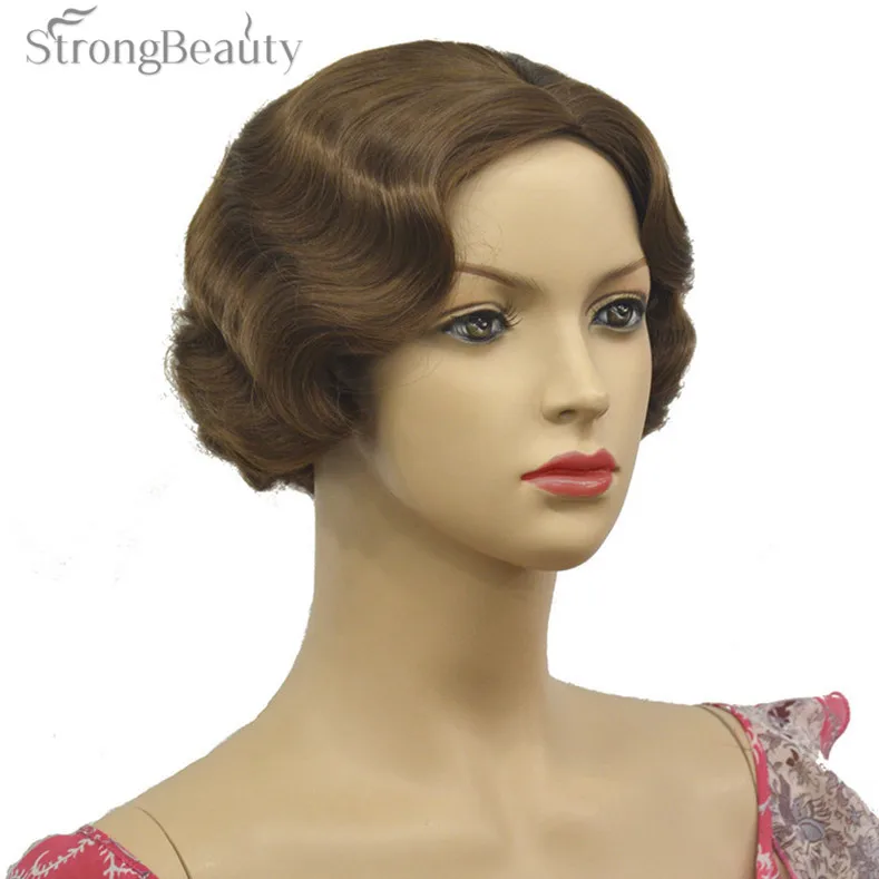 

StrongBeauty Short Finger Wave Golden Brown Full Synthetic Wig Cosplay Retro Wigs