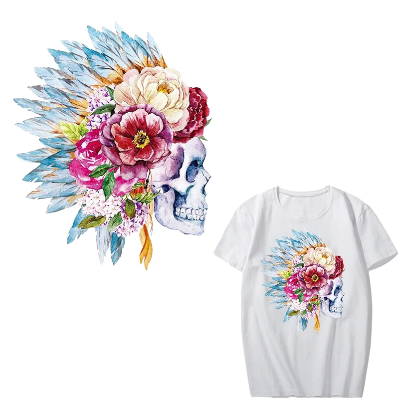 

Flower Skull Patch Iron-on Transfers Patches for Clothes T-shirt Applique Heat Transfer Vinyl Stickers for Clothing Heat Press