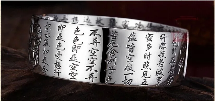 Дешевые Открытые широкие серебряные манжеты браслет для женщин китайские буддийские Писания Будда ручной ювелирные изделия Bracciale Uomo SB024