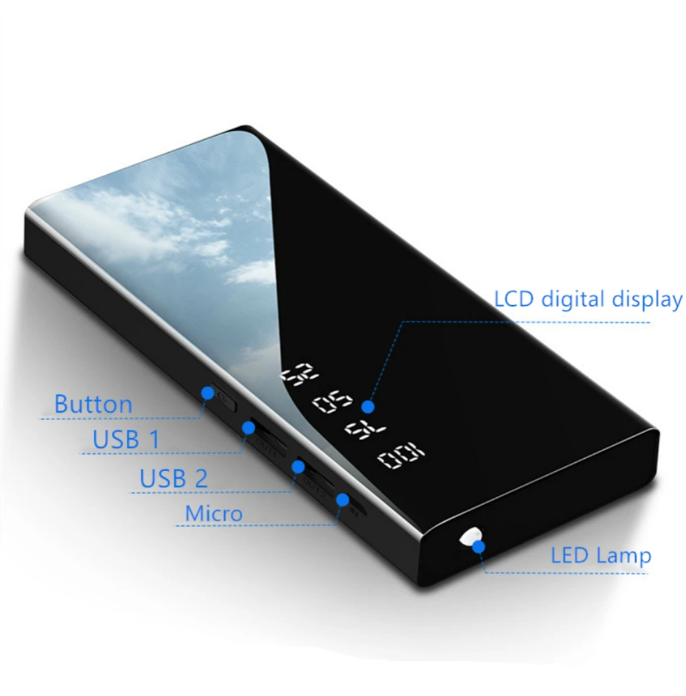 30000 зеркало power Bank для iPhone samsung Xiaomi Внешняя батарея 2 USB power Bank портативное зарядное устройство для мобильного телефона power Bank