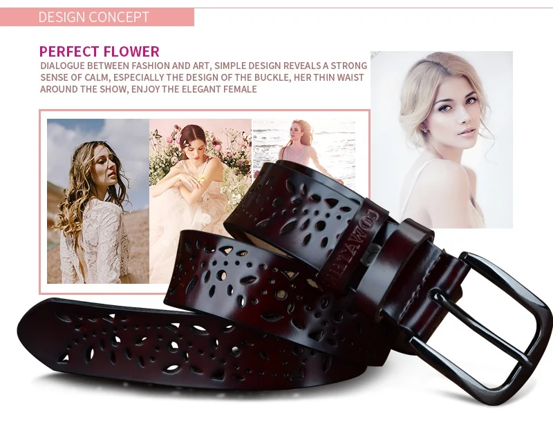 COWATHER New 2017 genuine leather jeans belts for Women Hollow pressed flower luxury strap female belt Gun gray buckle - Image 5