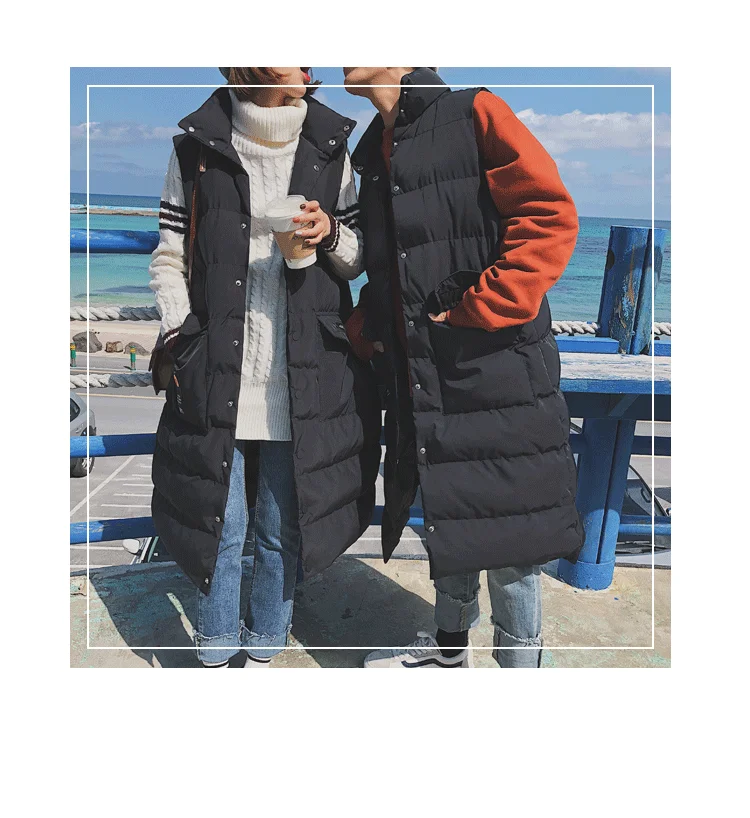 Толстые теплые зимние X-long parkas жилет мужской корейский стиль Черная куртка без рукавов пальто пара жилет выше колена мужские длинные жилеты