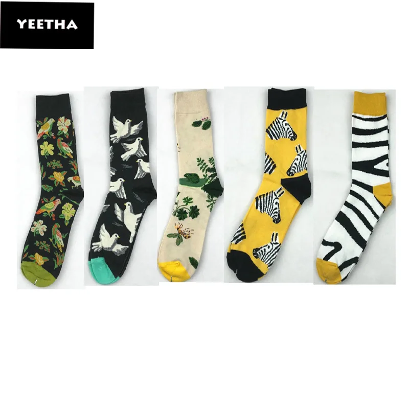 

Winter Male Fashion contrast Colorful Happy Socks Breathable Cotton Casual Funny Christmas Socks Thick Crew birds