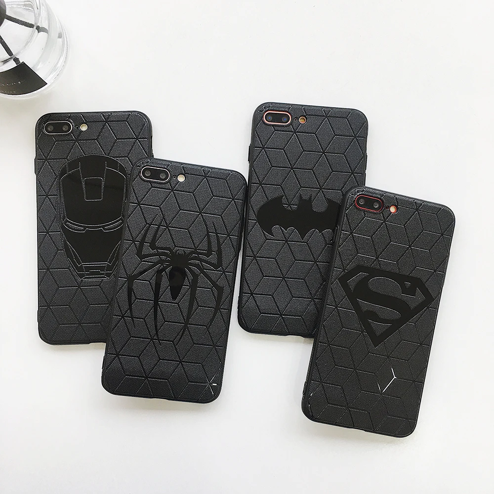 Iron Man Spider Man Superman Captain America Black relief Soft TPU Phone Case for iphone 7 8 X XS XR Max 6 6s plus mirror Cover