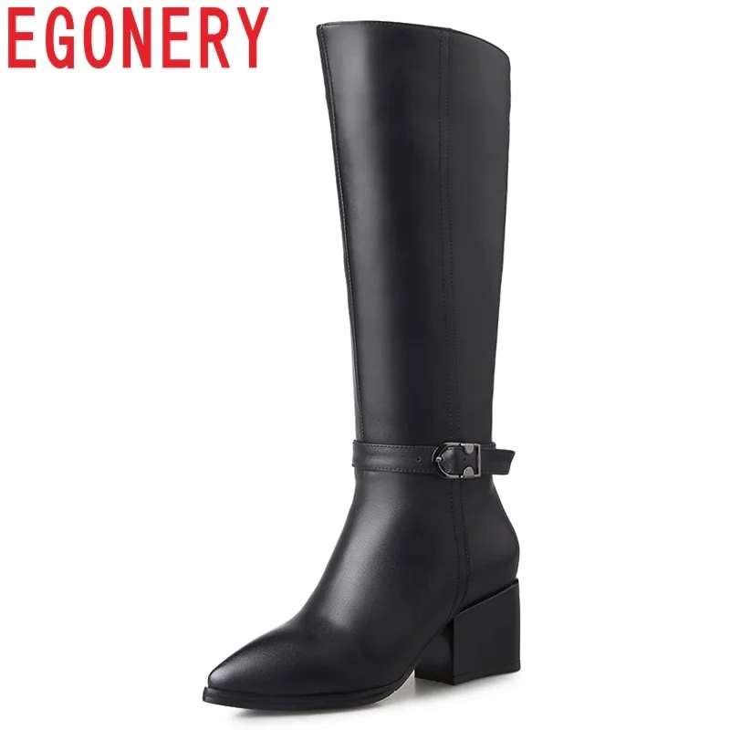 

EGONERY women shoes newest genuine leather high square heel pointed toe zip outside concise elegant winter warm knee high boots