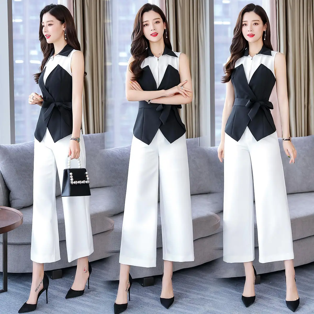 

Sleeveless Two Piece Set Office Lady Top&pants Set Women's Summer Suit Conjunto Feminino Ensemble Femme Deux Pieces Woman Suit