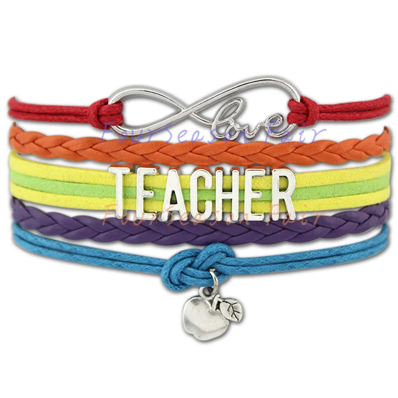 Custom Infinity Love Teacher Apple Charm Braclet Wrap Braided Leather