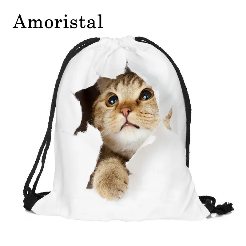 Fashion Women Drawstring Bag Cute 3D Cat Printing Travel Soft Back Women Mochila School Student Drawstring