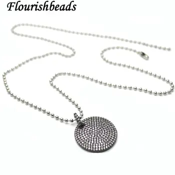 

Micro Paved Zircon Gun Metal Black 25mm Round Metal Tags Pendant Linked Chains Necklace Fashion Jewelry