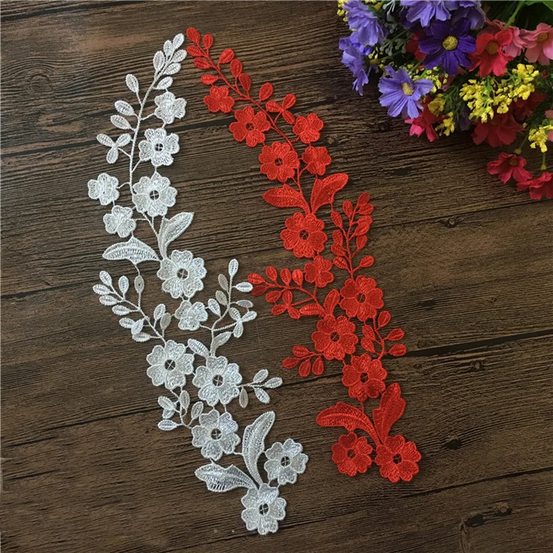 2 pares = 4 piezas, blanco y rojo, 34x10cm, bordado de flores, apliques de  tela con hoja, cinta Jacquard, tela de encaje, adornos de costura -  AliExpress Hogar y jardín