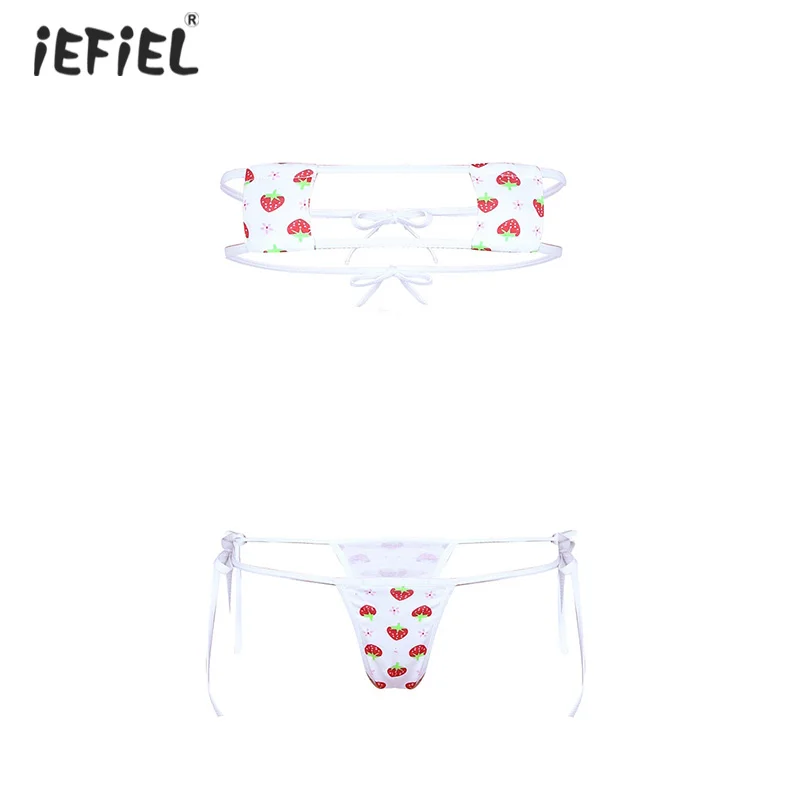 

Women's Lingerie Sexy Set Erotic Apparel Mini Micro Bikini Swimsuit Underwear Cute Strawberry Halter Neck Bra Top with G-Strings