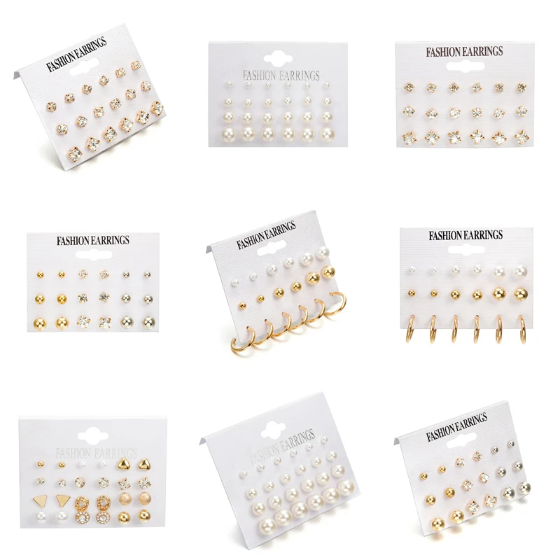 

9 Pairs/Set Silver Gold Stud Earring Set Minimalist Jewelry Korean Style Mini Rhinestone imitation Pearl Earrings For Women Gift