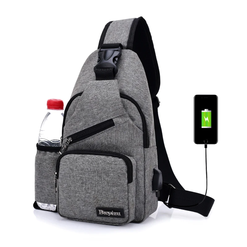 

(USB Charge Interface) New Men Chest Bag Canvas Sling Bag Shoulder Satchel Large Crossbody Charing Bag With Side Bottle Pocket