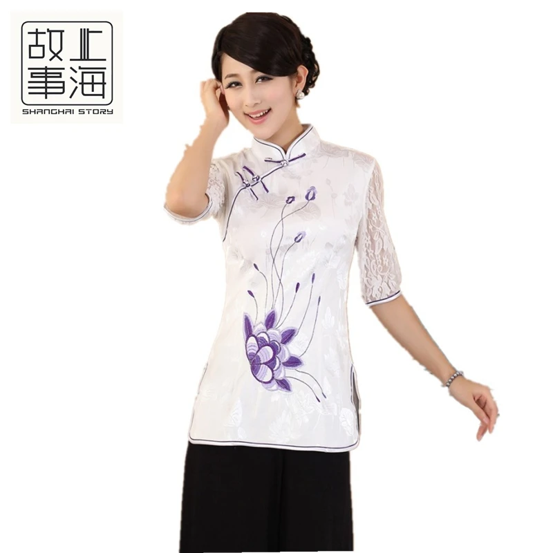 

Shanghai Story New arrival Chinese style Top cheongsam top traditional Chinese cotton Shirt Floral print blouse Chinese Top