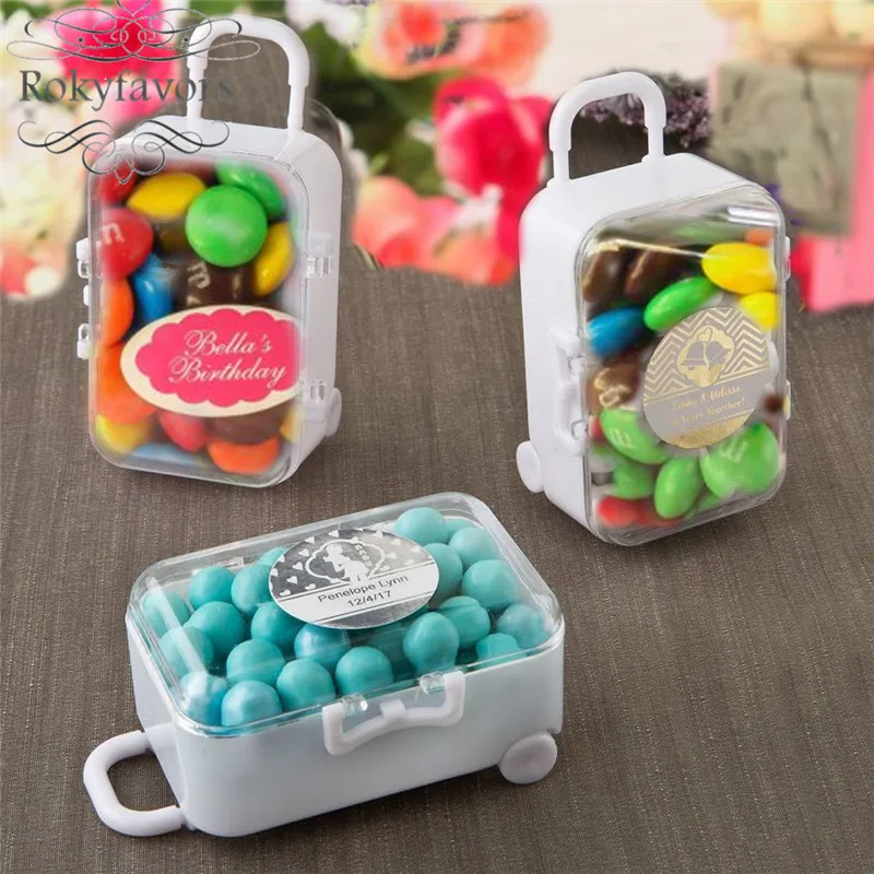 

FREE SHIPPING 12PCS White Mini Rolling Suitcase Favor Holder Party Table Decor Gifts Event Souvenirs Supplies Wedding Favors