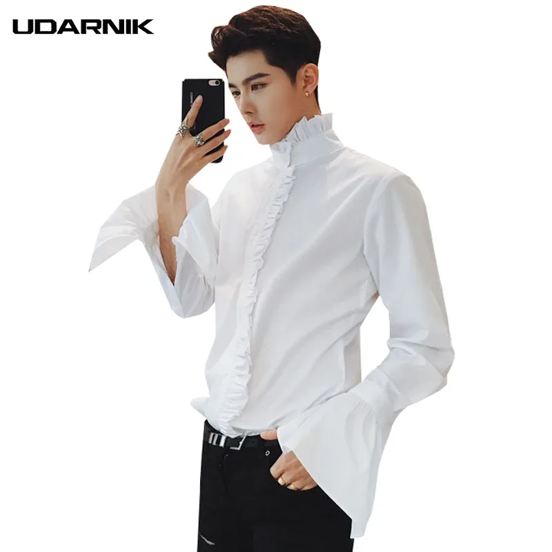 En Ligne Hommes Gothique Chemise Coton À Volants Col montant Flare Manches Longues Vintage De Mode Tops Rétro Noir Blanc Chemises Nouveau 904 918