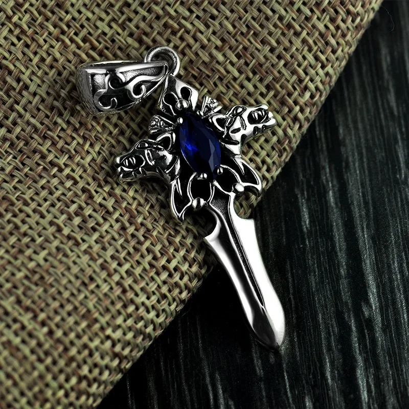 

925 Sterling Silver Sword Pendant For Men With Blue Stone Zircon Setting Antique Vintage Punk Rock Style High Quality