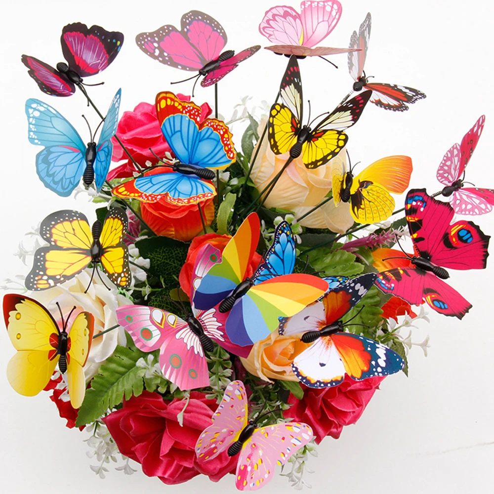 

20Pcs/set 3D Colorful Double Layer Butterfly On Sticks Home Yard Lawn Flowerpot Plant Decoration Garden Ornament DIY Lawn Craft