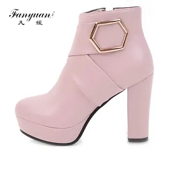 

Fanyuan 2018 Women Ankle Boots Zipper Design Fashion Square High Heel Round Toe All Match Ladies Motorcycle Boots Size 34-43